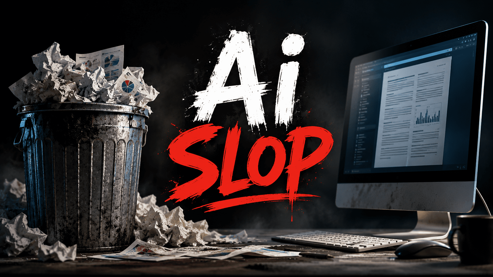 AI slop trash can graphic representing low quality AI generated content